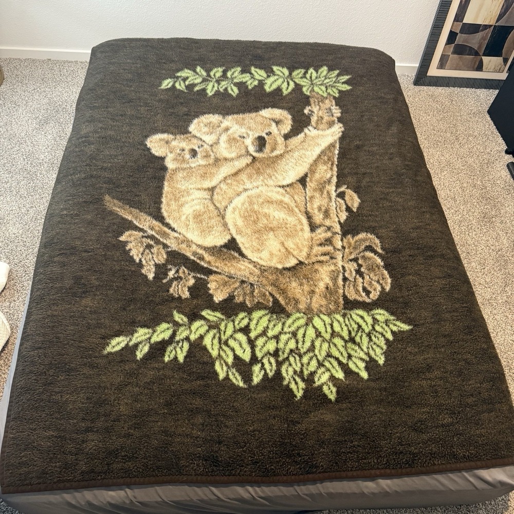 Vintage Biederlack Koala Bear Blanket Made in USA Double Sided 53x72